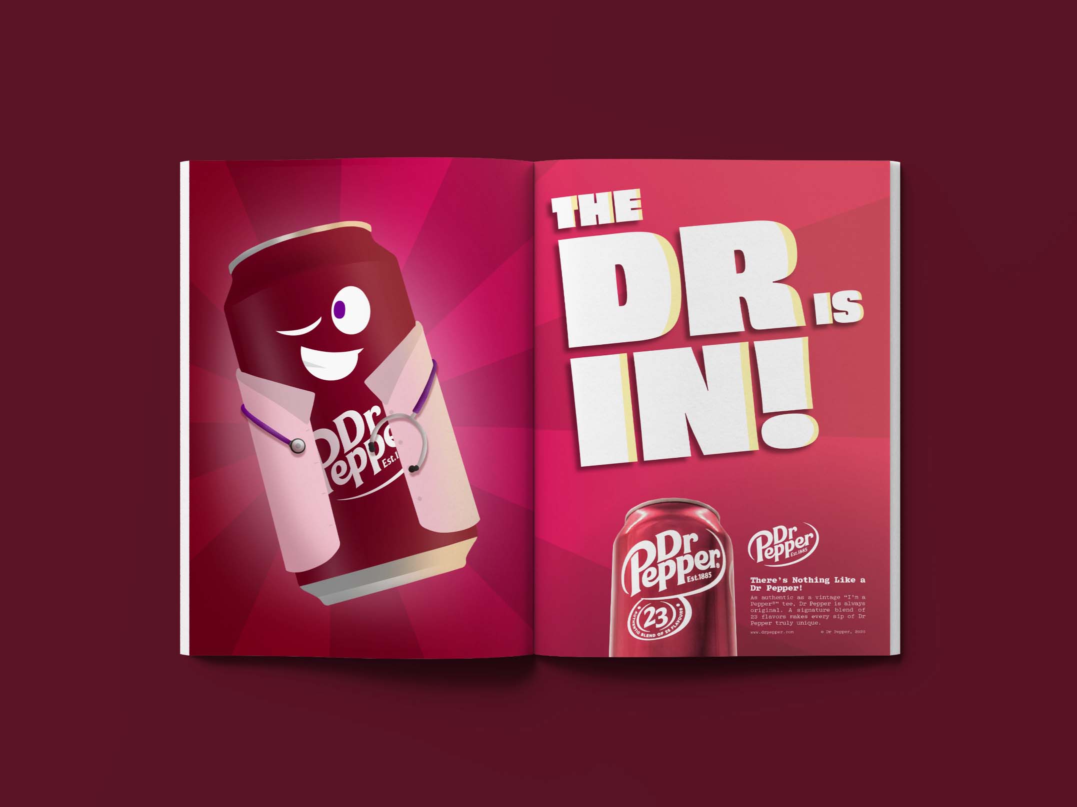 A magazine advertisement for Dr. Pepper featuring a can in a doctor's coat with a stethoscope.