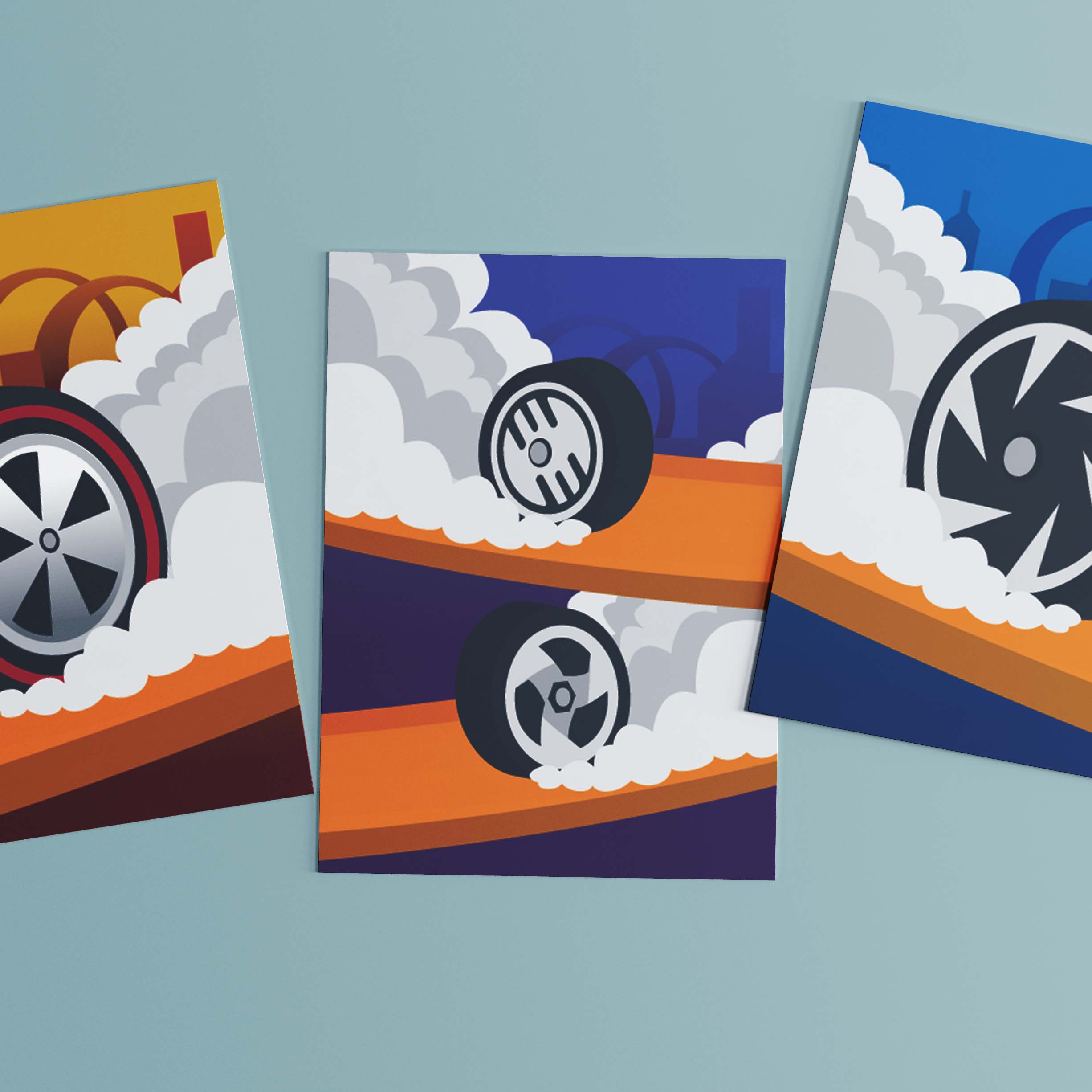 An illustrated print set depicting the history of Hot Wheels Wheels.