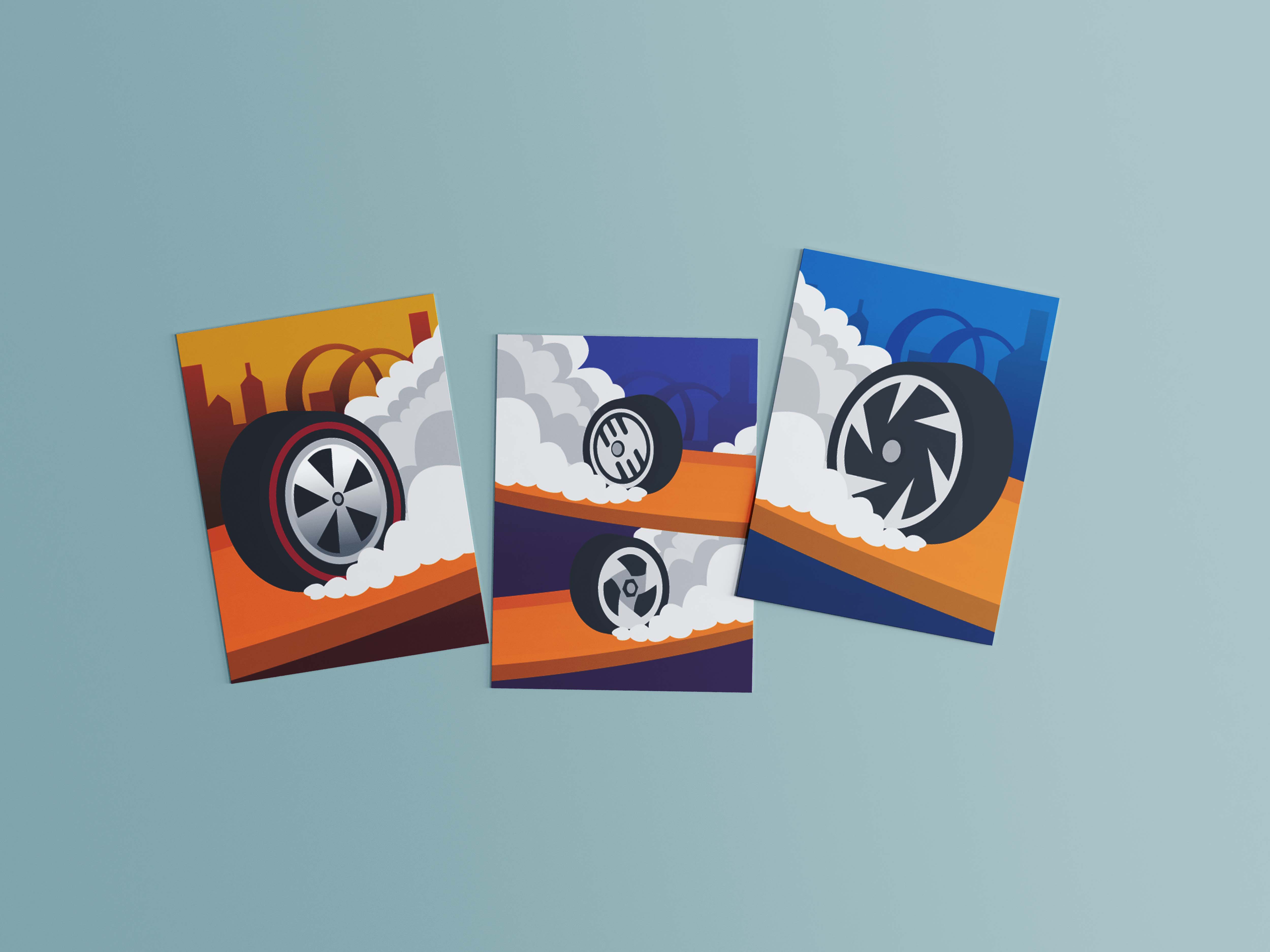 An illustrated print set depicting the history of Hot Wheels Wheels.