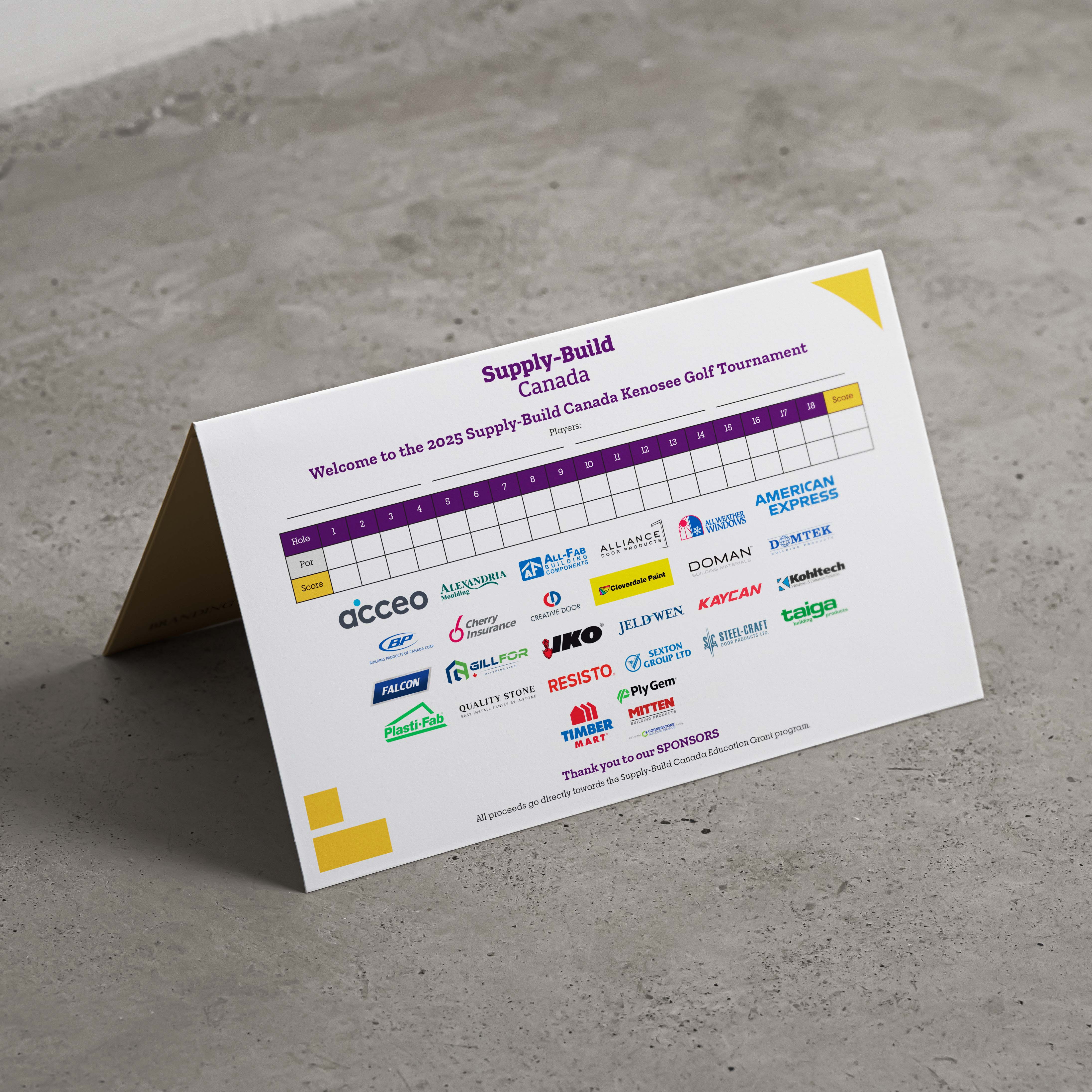 A folded scorecard intended for use in Supply-Build Canada golf tournaments.
