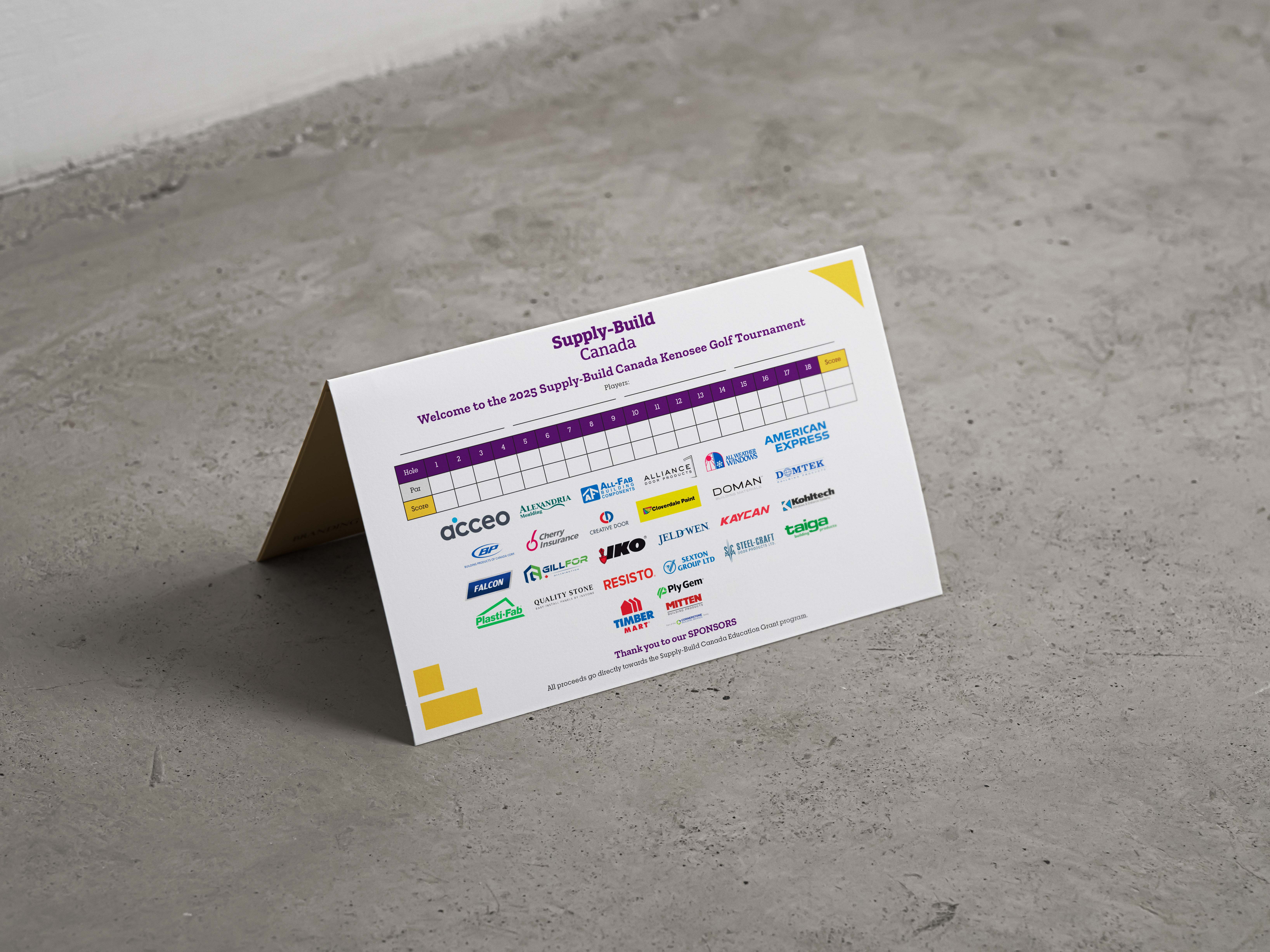 A folded scorecard intended for use in Supply-Build Canada golf tournaments.