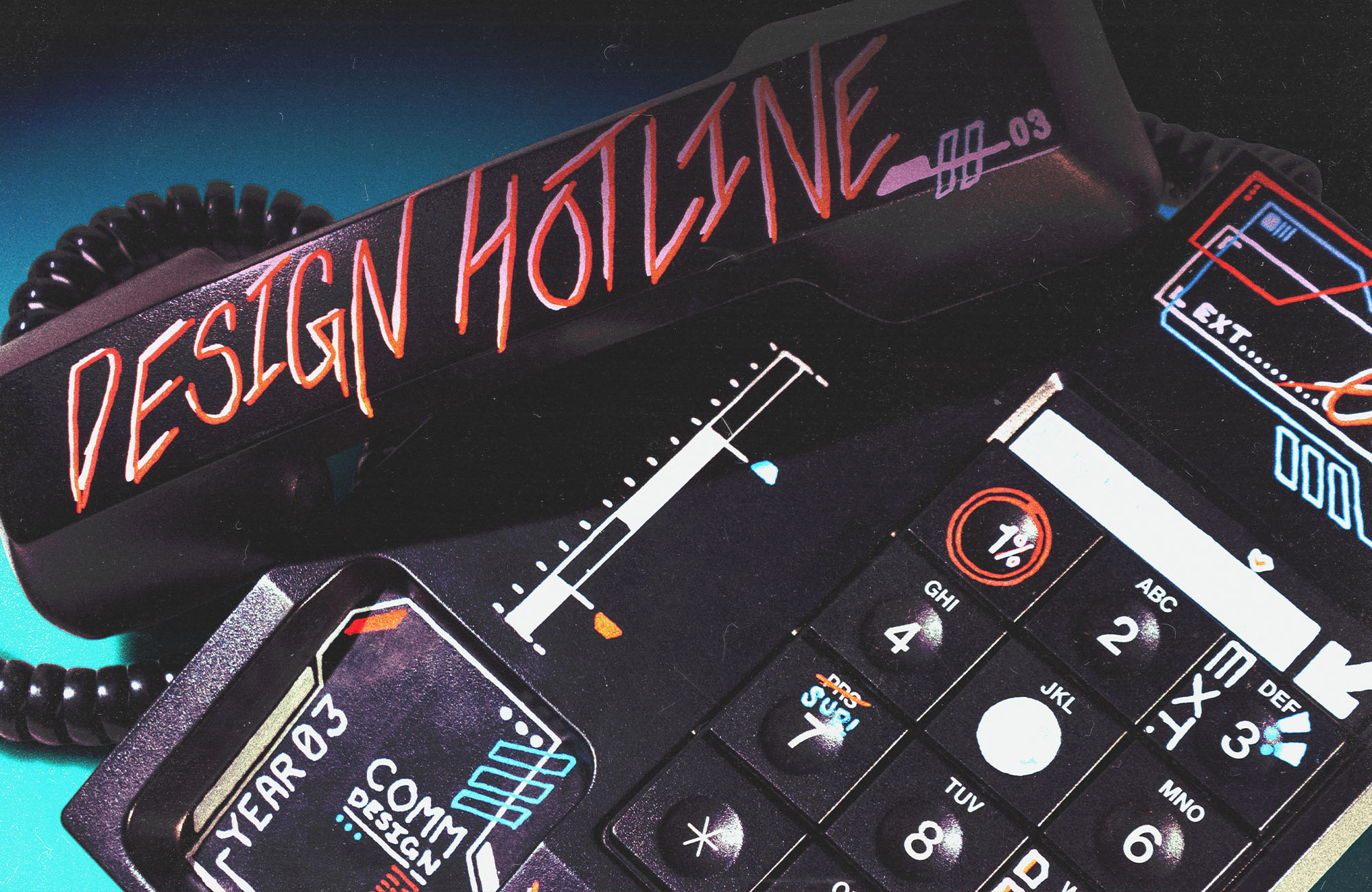 A Photo of a black telephone decorated with the words Design Hotline.